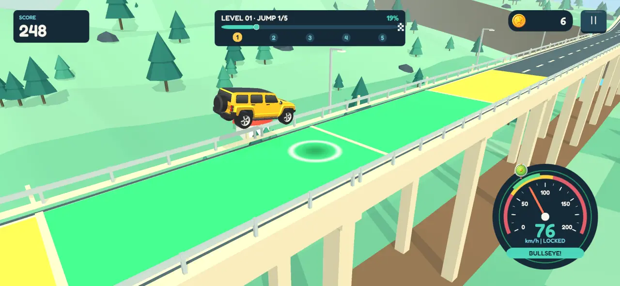 The car touching down on the green bullseye ring of the landing pad