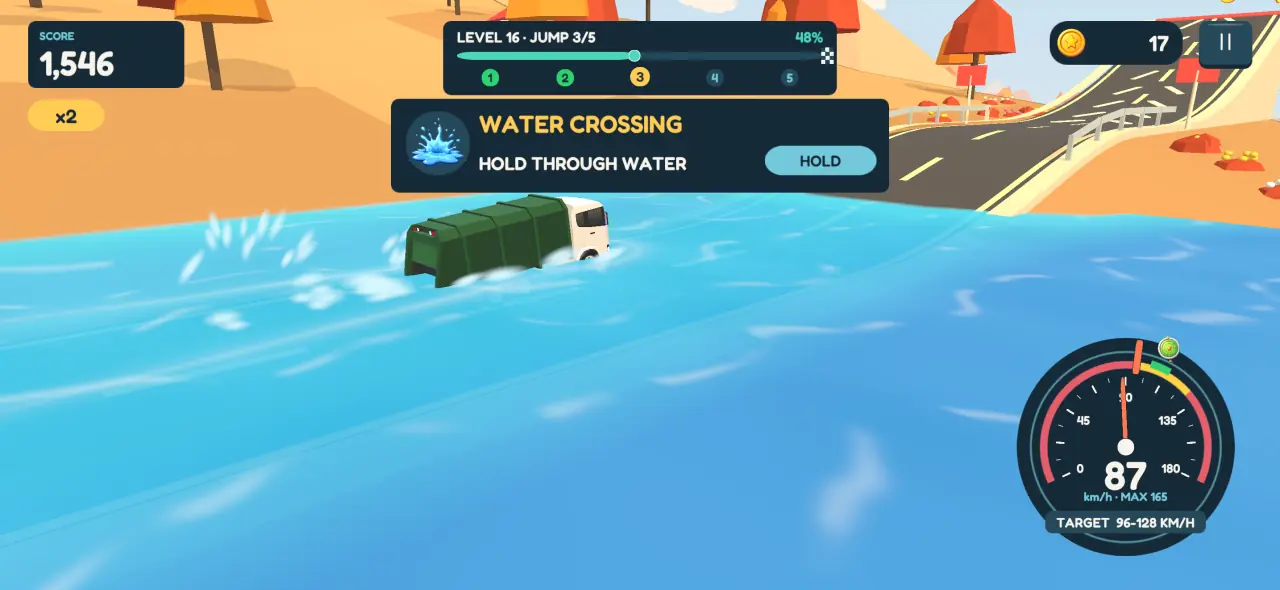 A garbage truck ploughing through a flooded road, with a card reading Water crossing, hold through water