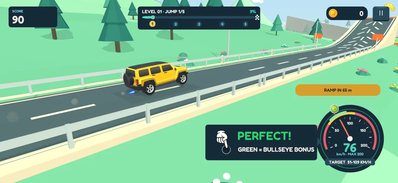 A yellow off-road car approaching a ramp; the speedometer needle sits in the yellow window and the coach card reads Perfect! Green equals bullseye bonus