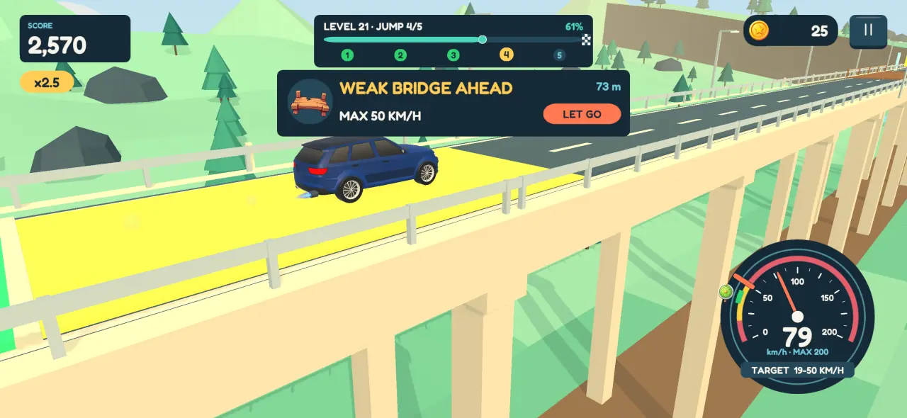 A blue SUV on a yellow weak bridge, with a warning card reading Weak bridge ahead, max 50 km/h