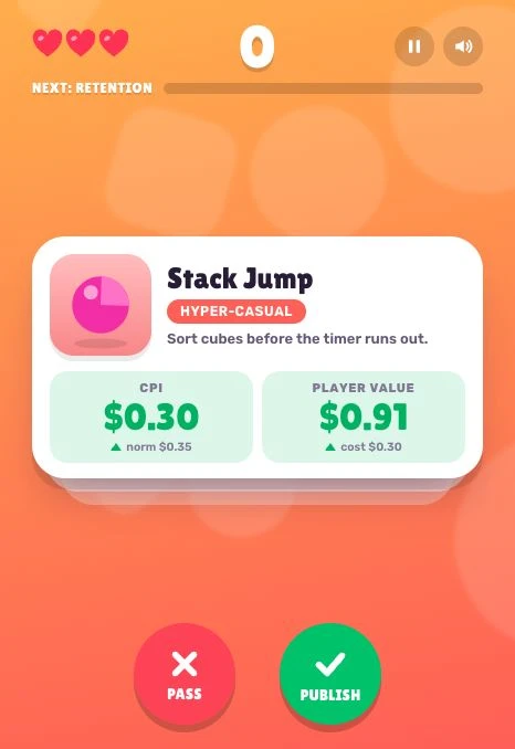 Stack Jump game card showing CPI of $0.30 and player value of $0.91 with red Pass and green Publish buttons