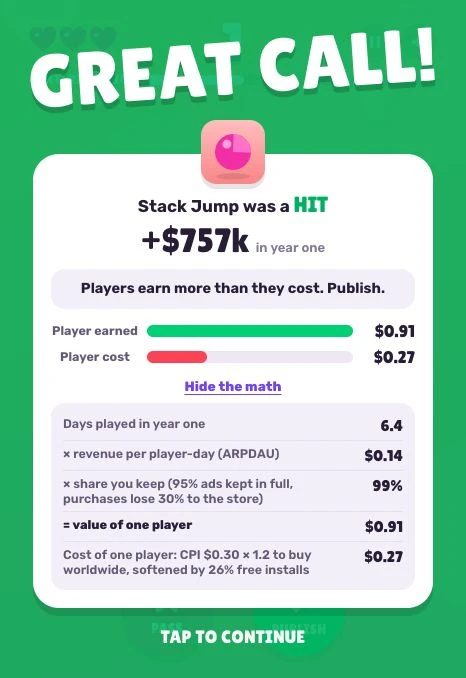 Stack Jump simulated profit result and the expanded player value calculation