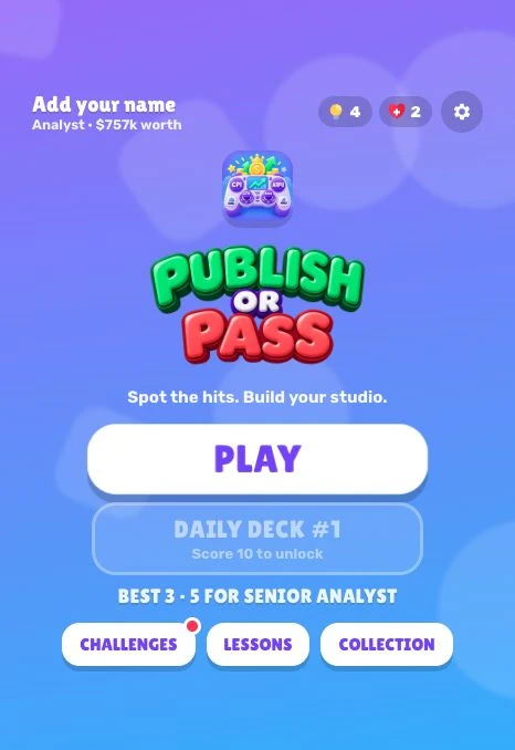 Publish or Pass title screen with the new icon and green and red logo