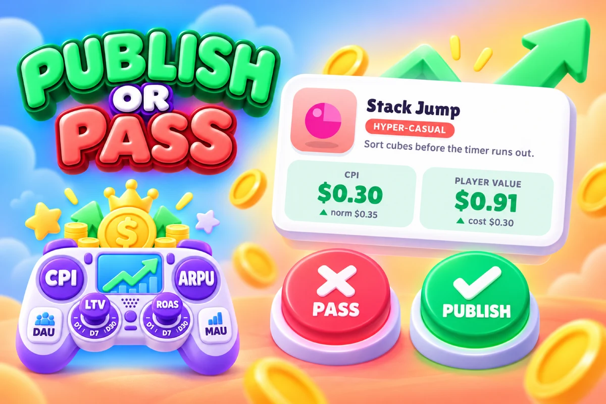 Publish or Pass illustrated game pitch with the Stack Jump KPI card and green Publish and red Pass choices