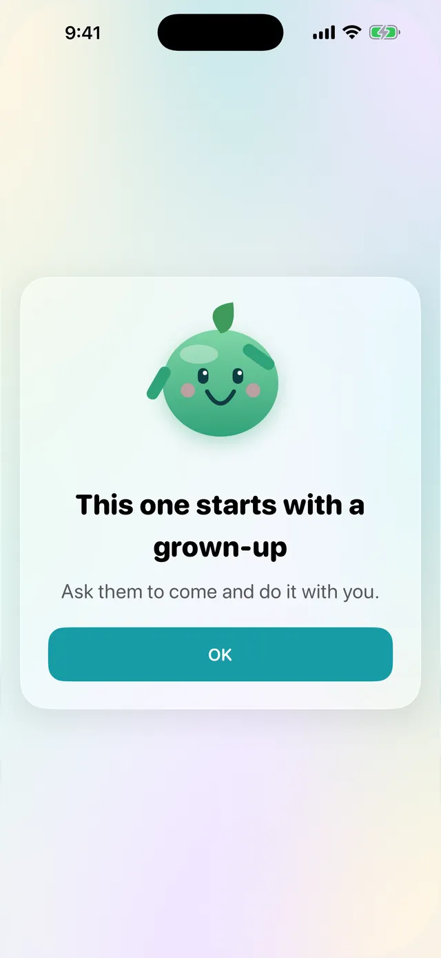 A kind card with Pip: "This one starts with a grown-up. Ask them to come and do it with you."