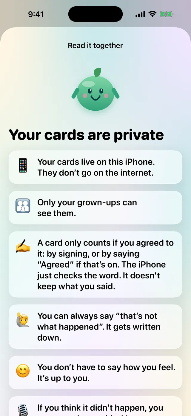 "Your cards are private", the app explaining privacy to a child.