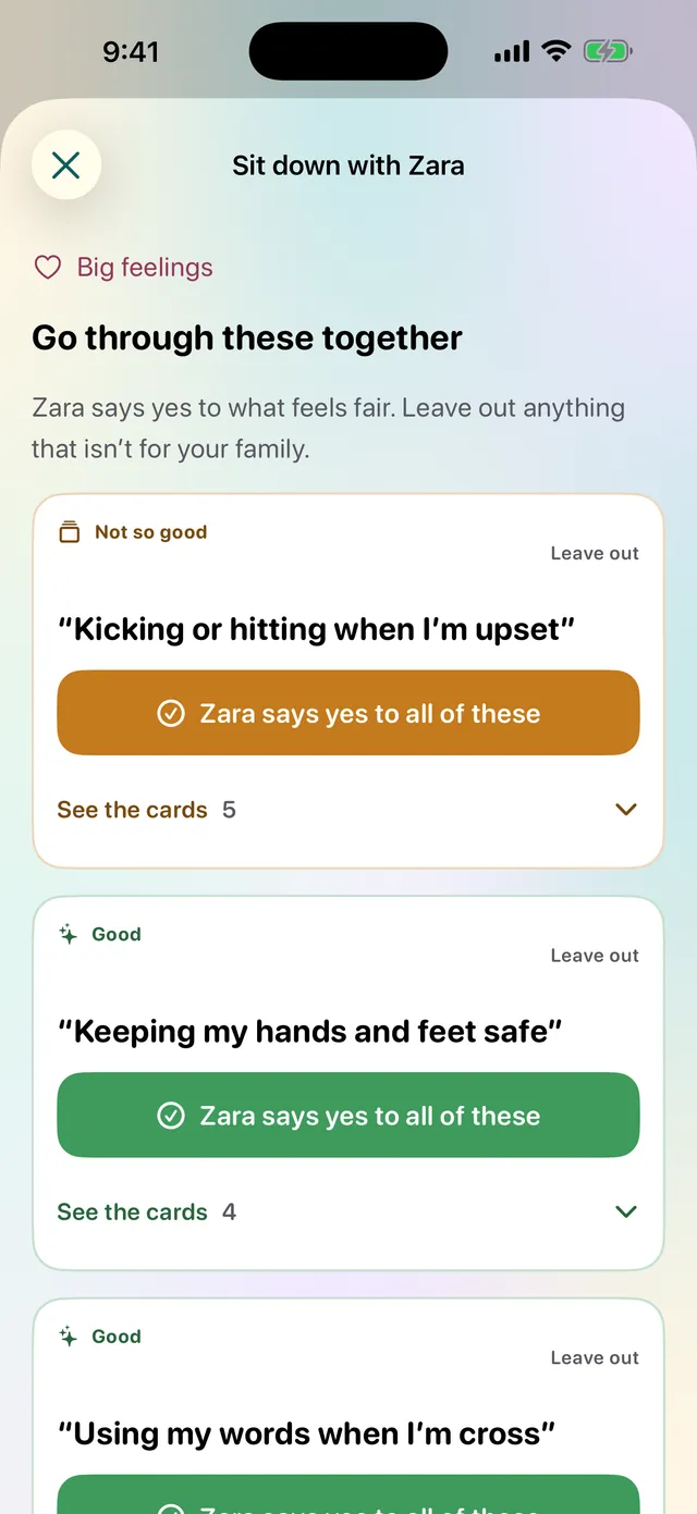 Going through Big feelings together: for each action, Zara can say yes to all of its cards, look at them first, or leave it out.