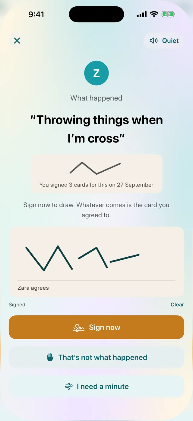 Before a draw: "Throwing things when I'm cross. You signed 3 cards for this." with Sign now, That's not what happened, and I need a minute.