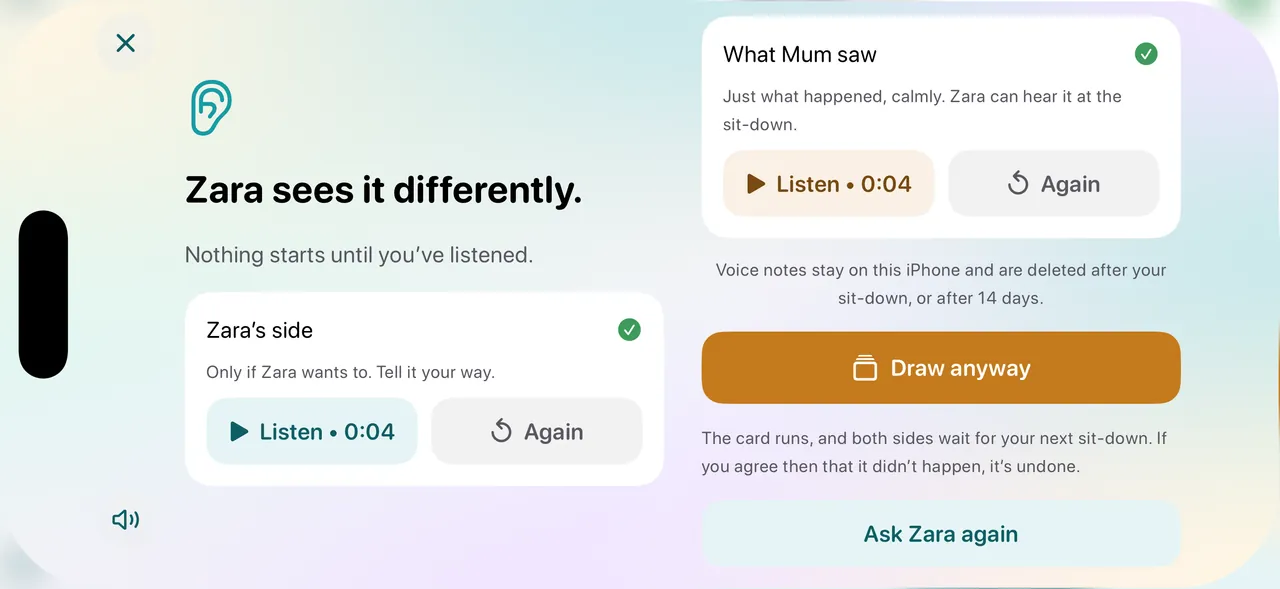 The phone turned sideways, with Zara's side and what Mum saw side by side.